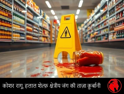 किसी सुपरमार्केट का अंतरराष्ट्रीय-खाद्य गलियारा, जहाँ कोषेर शेल्फ़ एक सँकरी पट्टी के आर-पार हलाल खंड के सामने खड़ी है