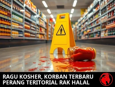 Lorong makanan internasional di supermarket, rak kosher berhadapan dengan bagian Halal melintasi sebuah jalur sempit