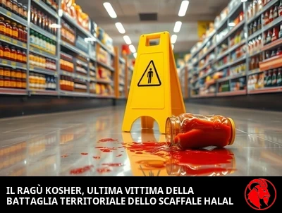 Una corsia di alimenti internazionali in un supermercato, con lo scaffale kosher di fronte al reparto Halal attraverso una stretta striscia