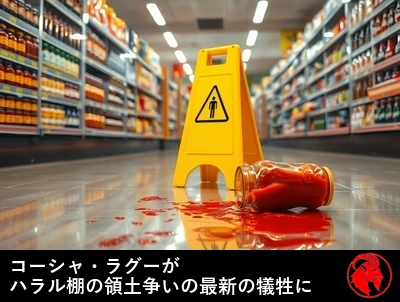 スーパーマーケットの国際食品通路。狭い帯状の棚を挟んで、コーシャーの棚がハラルコーナーと向かい合っている