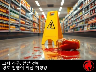 좁은 띠를 사이에 두고 할랄 코너와 마주 보는 코셔 진열대가 있는 어느 슈퍼마켓의 세계 식품 코너