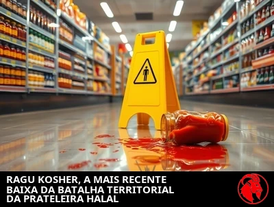 Um corredor de comidas internacionais de supermercado, com as prateleiras kosher de frente para a seção Halal através de uma faixa estreita