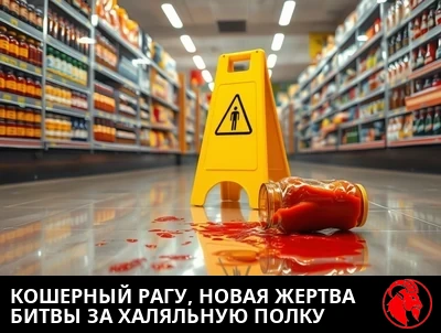 Ряд международной кухни в супермаркете, кошерные полки смотрят на халяльный отдел через узкую полосу