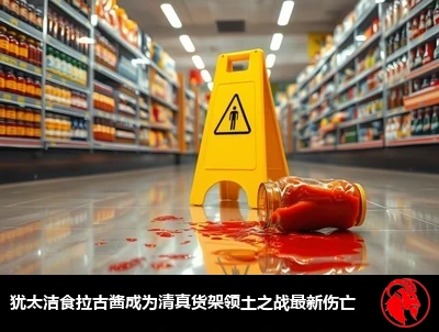 一家超市的国际食品货架，犹太洁食货架隔着一条狭窄的过道与清真区对望