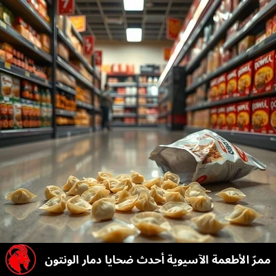 فطائر ونتون مبعثرة على أرضية البقالة، مع تعليق: ممرّ الأطعمة الآسيوية أحدث ضحايا دمار الونتون الأهوج