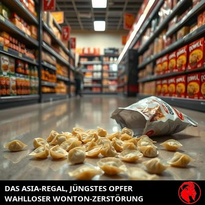 Verschüttete Wontons auf einem Lebensmittelboden, mit der Bildunterschrift: Asian Foods Aisle latest victim of Won-Ton destruction