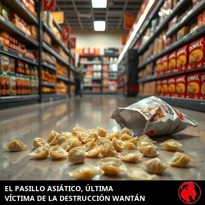 Wontons desparramados por el suelo de un supermercado, con el pie: la sección de Alimentación Asiática, última víctima de la destrucción Won-Ton