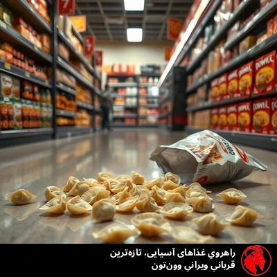 وون‌تُن‌های ریخته‌شده روی کفِ خواروبارفروشی؛ زیرنویس: راهروی غذاهای آسیایی، تازه‌ترین قربانیِ ویرانیِ وون‌تُن‌وار