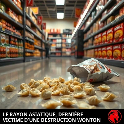 Des wontons répandus sur le sol d'une épicerie, légendés : Asian Foods Aisle latest victim of Won-Ton destruction