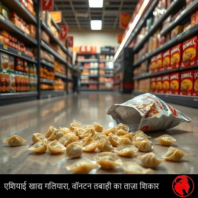 किराने के फ़र्श पर बिखरे वॉन्टन, कैप्शन सहित: Asian Foods Aisle latest victim of Won-Ton destruction