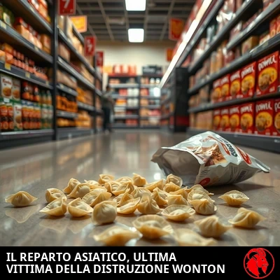Wonton rovesciati su un pavimento di supermercato, con la didascalia: la corsia dei Cibi Asiatici ultima vittima della distruzione Won-Ton