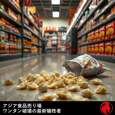 食料品店の床一面にぶちまけられたワンタン。キャプションには「アジア食品通路、ワンタン破壊（Won-Ton destruction）の最新の犠牲者となる」とある