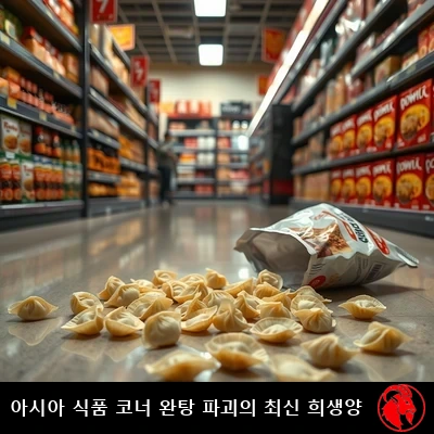 식료품점 바닥에 쏟아진 완탕에 「아시아 식품 코너, 원-톤 파괴(Won-Ton destruction)의 최신 희생양」이라는 캡션이 달린 사진