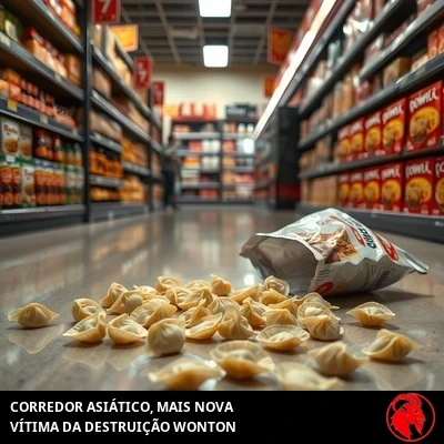 Spilled wontons across a grocery floor, captioned: Asian Foods Aisle latest victim of Won-Ton destruction