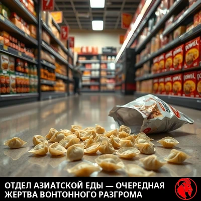 Рассыпанные по полу магазина вонтоны с подписью: ряд азиатской кухни &mdash; очередная жертва вон-тонного разрушения