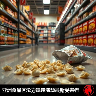 馄饨洒满食品杂货店地面，配文：Asian Foods Aisle latest victim of Won-Ton destruction