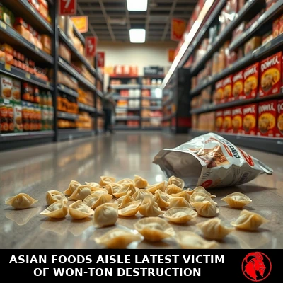 Spilled wontons across a grocery floor, captioned: Asian Foods Aisle latest victim of Won-Ton destruction