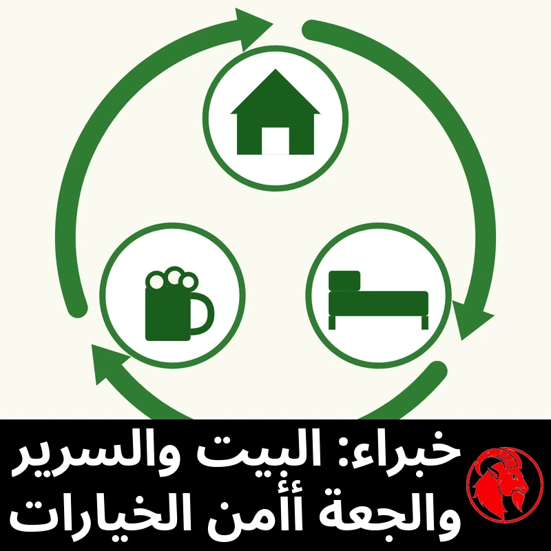 مخطط دائري من ثلاث خطوات: البيت والسرير والجعة، بأسهم خضراء تدور باتجاه عقارب الساعة على غرار رمز إعادة التدوير. التعليق: الخبراء يوصون بالبيت والسرير والجعة لأقصى درجات الأمان.