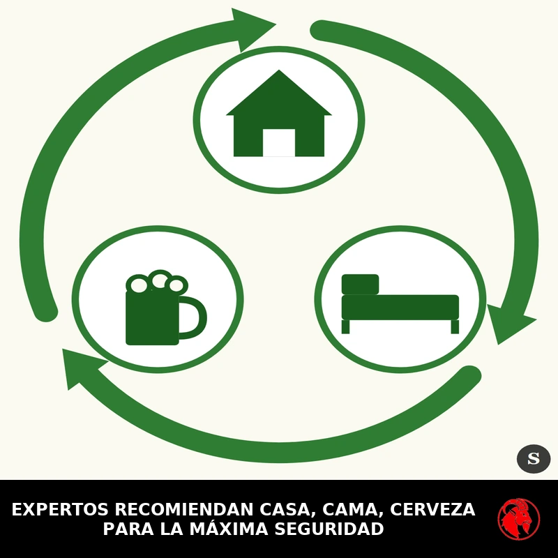 Diagrama circular de tres pasos: casa, cama y cerveza, con flechas verdes girando en sentido horario, al estilo del símbolo de reciclaje. Leyenda: EXPERTOS RECOMIENDAN CASA, CAMA, CERVEZA PARA LA MÁXIMA SEGURIDAD.