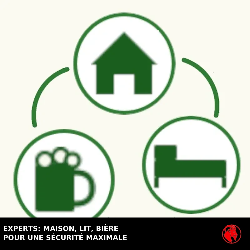 Schéma circulaire en trois étapes : maison, lit et bière, avec des flèches vertes tournant dans le sens horaire, à la manière du symbole de recyclage. Légende : LES EXPERTS RECOMMANDENT MAISON, LIT, BIÈRE POUR UNE SÉCURITÉ MAXIMALE.