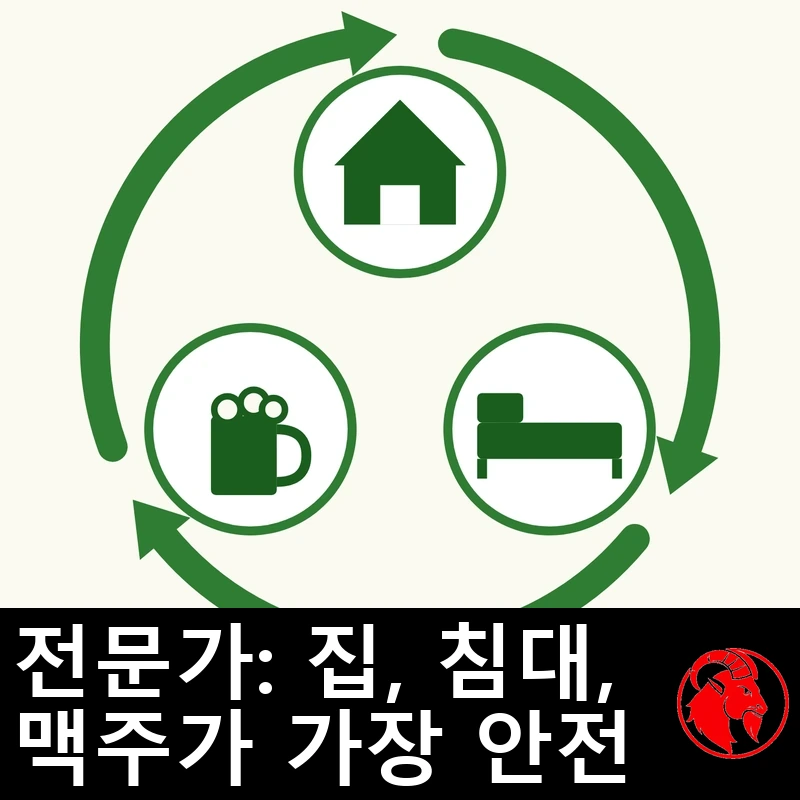 집·침대·맥주의 3단계 순환도. 재활용 기호처럼 초록 화살표가 시계 방향으로 돈다. 캡션: 전문가들은 최대한의 안전을 위해 집·침대·맥주를 권한다.