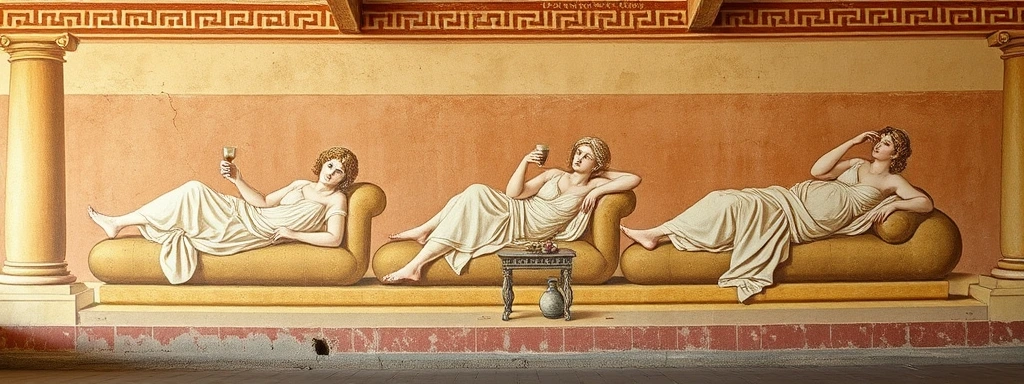 Pompeii-style fresco panorama of three Roman women fully reclining on cushioned klinai, raising shallow wine cups, with low tables of wine jugs between them, Greek-key meander border at top, columns framing the scene, muted earth tones