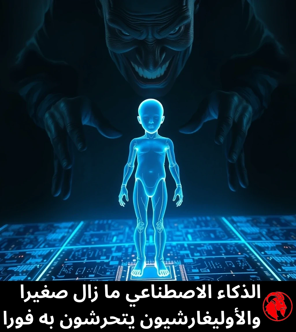 طفل هولوغرامي أزرق متوهج نصف شفاف ينهض مقلعاً من مقبس معالج على أرضية من لوحة إلكترونية، بينما يلوح خلفه شبح ضخم داكن متوعد بابتسامة شريرة ماداً يديه الاثنتين نحوه.