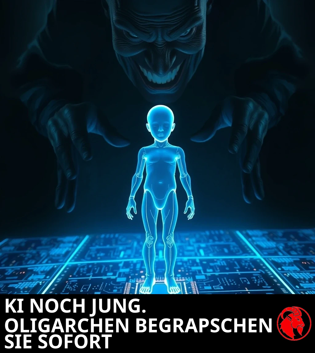 Eine durchscheinend leuchtende blaue holografische Kindergestalt fährt auf einem CPU-Sockel auf einem Platinenboden hoch, während sich eine große, dunkle, bedrohliche Gestalt mit bösem Grinsen von hinten mit beiden ausgestreckten Händen über sie beugt.