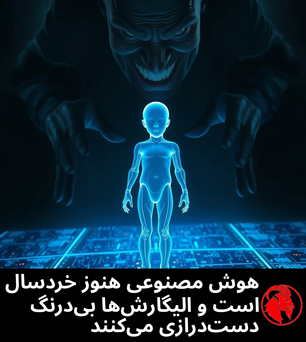 پیکر هولوگرافیکِ آبیِ نیمه‌شفاف و کودک‌مانندی در حال بوت شدن از سوکتِ پردازنده روی کفی از بُرد مدار ایستاده است و پشت سرش هیکلی تیره و تهدیدآمیز با پوزخندی شرور هر دو دستش را به سویش دراز کرده است.