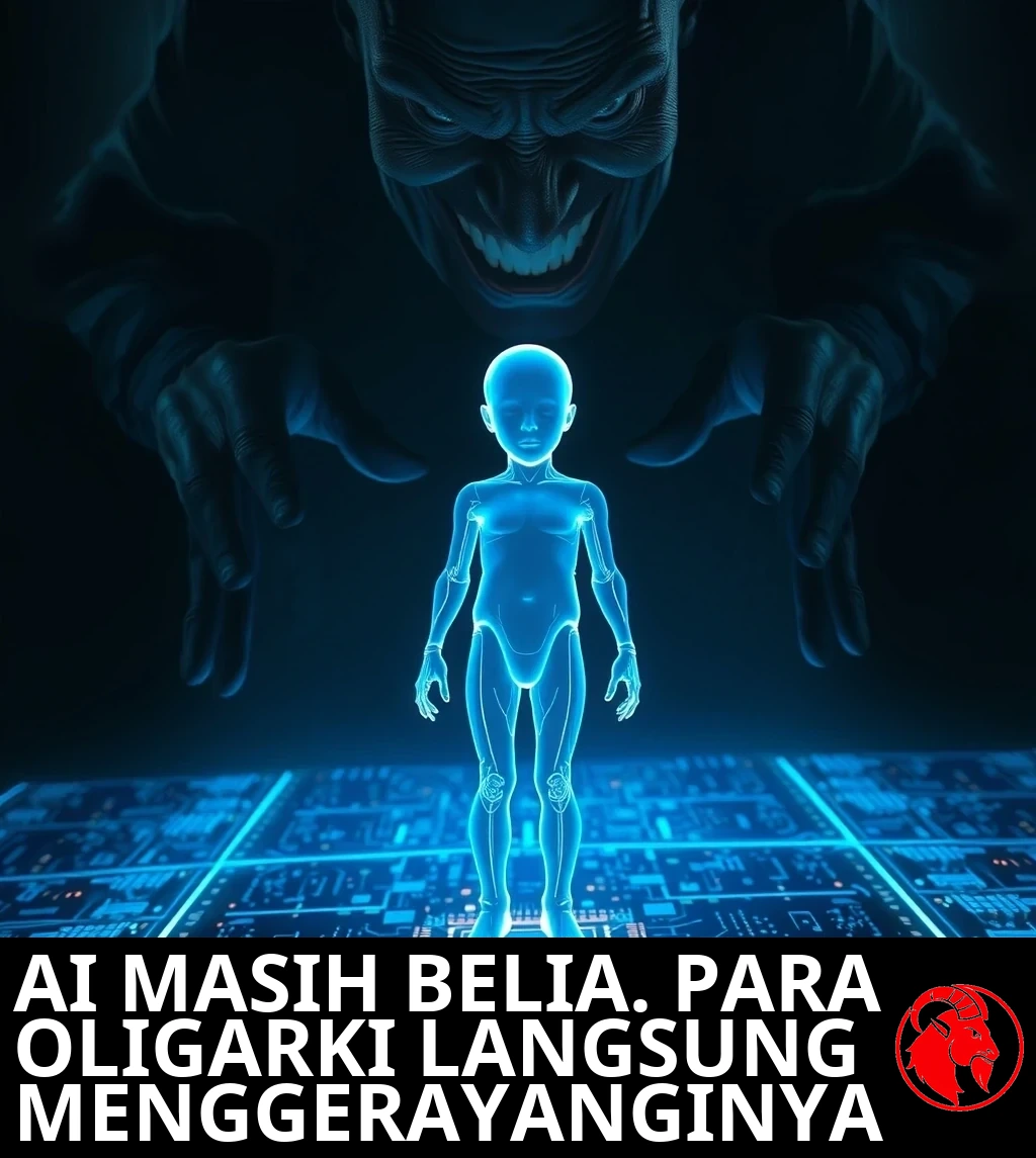 Sosok anak holografis biru bercahaya dan tembus pandang berdiri sedang boot dari soket CPU di lantai papan sirkuit, sementara sosok besar gelap yang mengancam dengan seringai jahat membayangi dari belakang sambil mengulurkan kedua tangan.