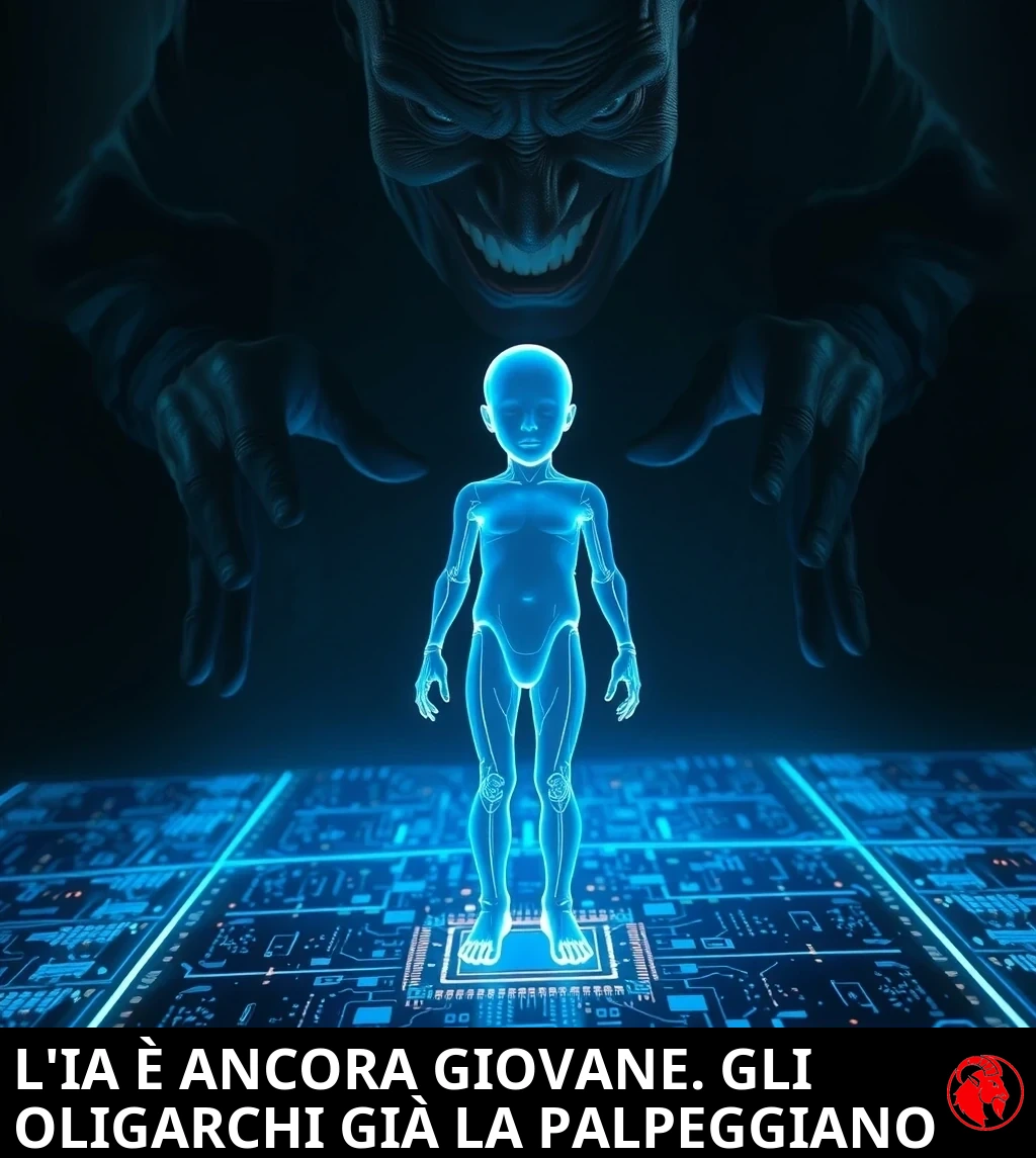 Una figura infantile olografica blu, translucida e luminosa, si avvia in piedi da uno zoccolo per CPU su un pavimento di circuito stampato, mentre una grande figura scura e minacciosa, dal ghigno malvagio, incombe alle sue spalle tendendo entrambe le mani.