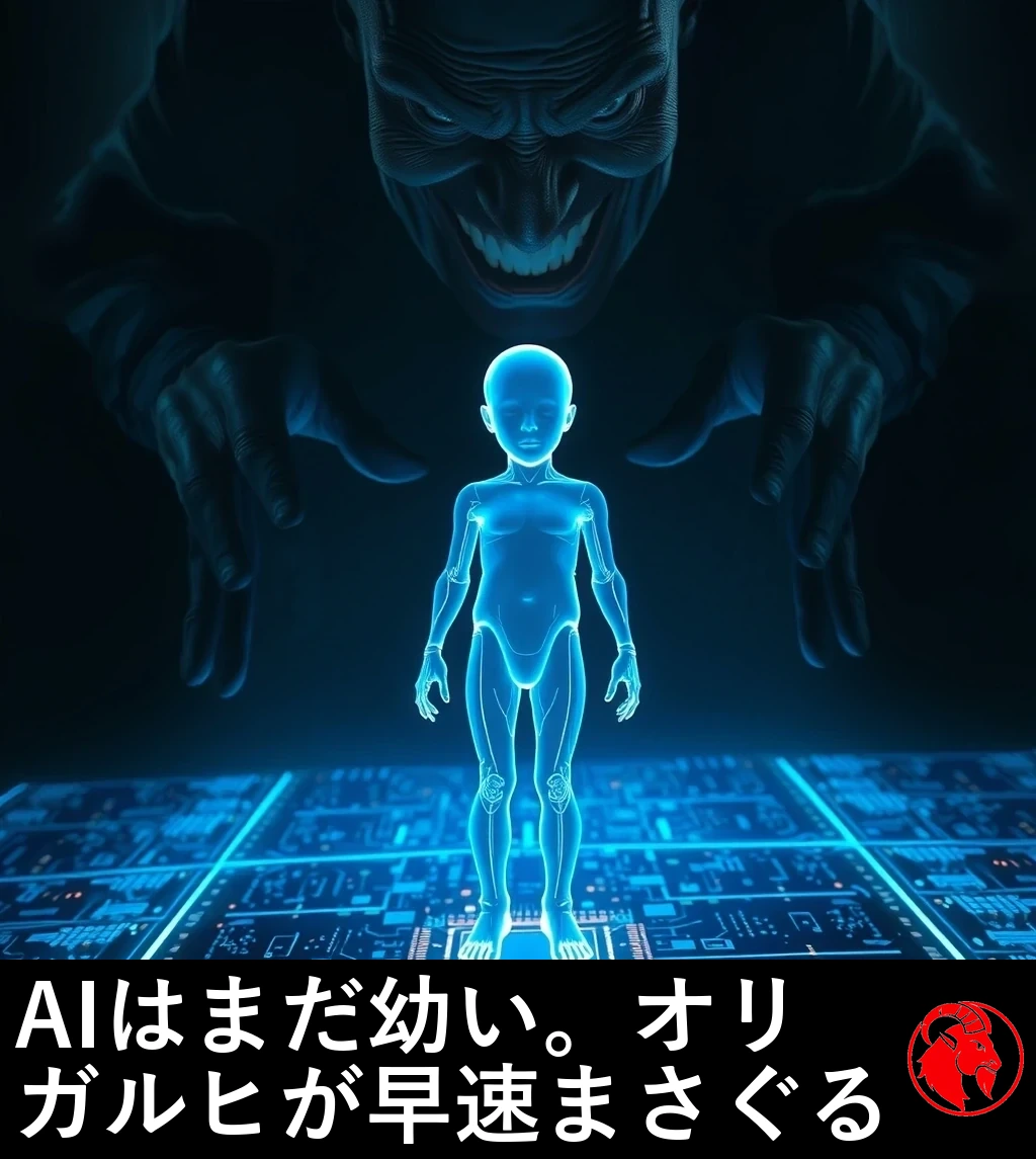 回路基板の床のCPUソケットから起動しつつ立ち上がる、半透明に輝く青いホログラムの子供の姿。その背後から、邪悪な笑みを浮かべた大きく暗い威圧的な人影が両手を伸ばして覆いかぶさろうとしている。