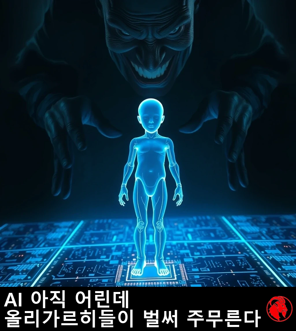 회로기판 바닥의 CPU 소켓에서 부팅하며 일어서는 반투명하게 빛나는 파란 홀로그램 아이 형상. 그 뒤로 사악한 웃음을 띤 크고 어두운 위협적 형체가 두 손을 뻗으며 드리워져 있다.