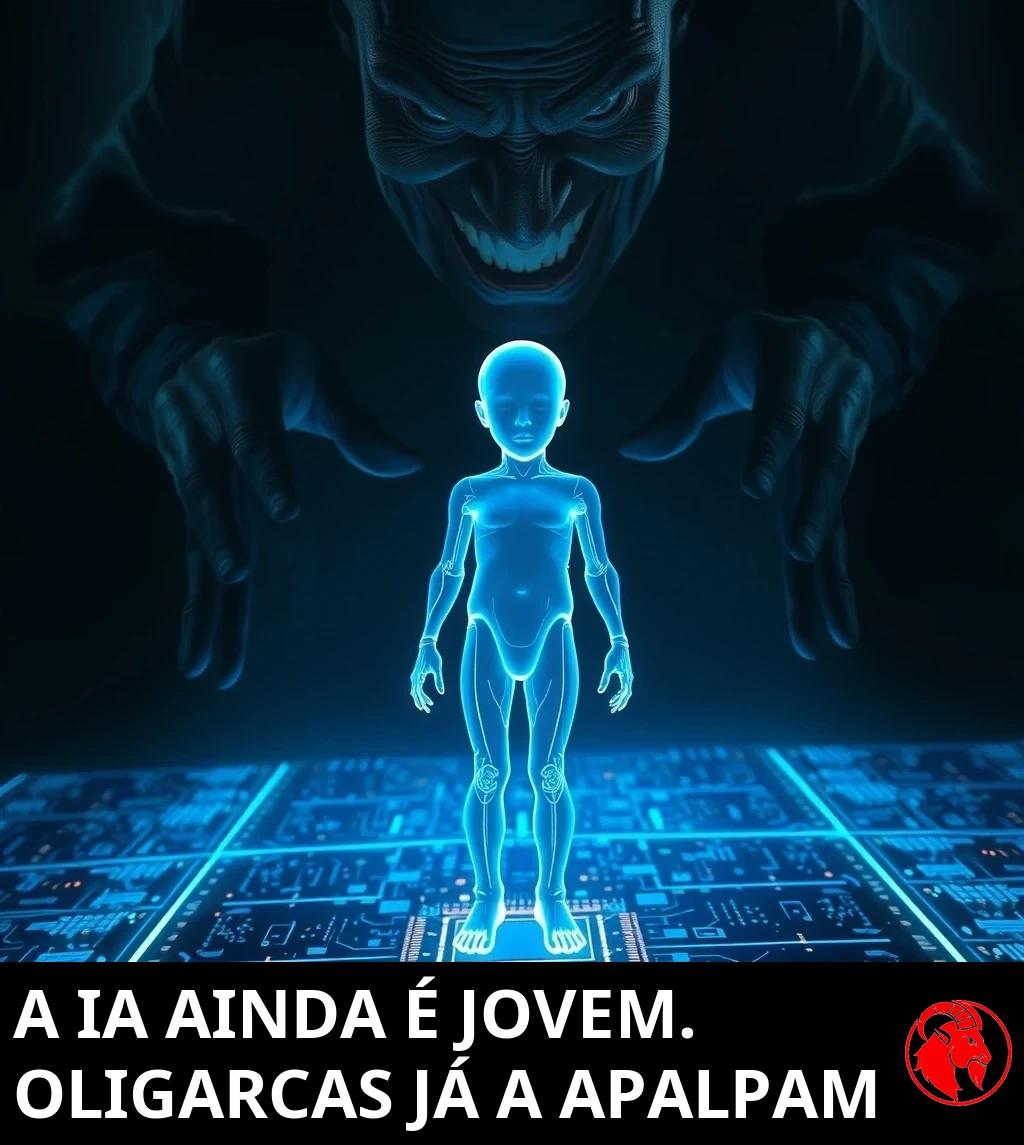 Uma figura infantil holográfica azul, translúcida e luminosa, inicializa de pé sobre um soquete de CPU num piso de placa de circuito, enquanto uma grande figura escura e ameaçadora, de sorriso maligno, se debruça por trás estendendo as duas mãos.