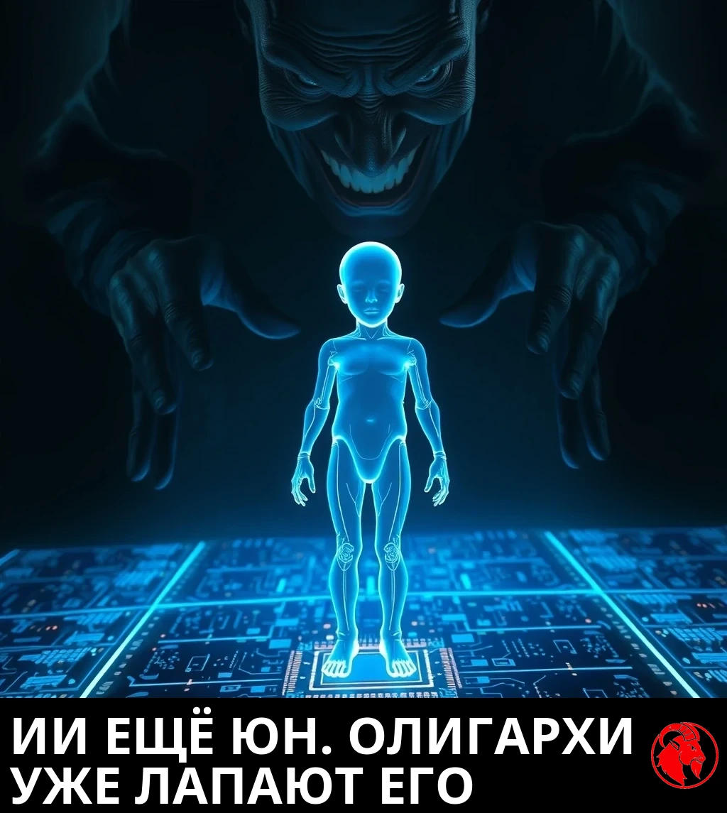 Полупрозрачная светящаяся голубая голографическая фигура ребёнка загружается, стоя на сокете процессора на полу из печатной платы, а сзади над ней нависает большая тёмная зловещая фигура со злобной ухмылкой, протягивающая обе руки.