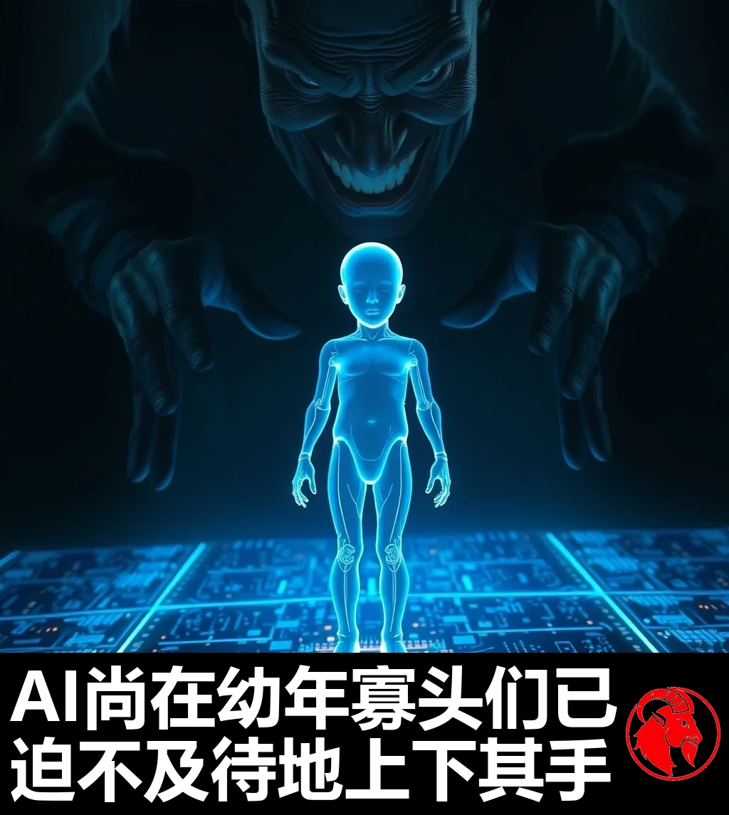 一个半透明发光的蓝色全息儿童形象正从电路板地面上的CPU插座中启动站起，身后一个面带狞笑的高大黑影俯身逼近，双手齐伸。