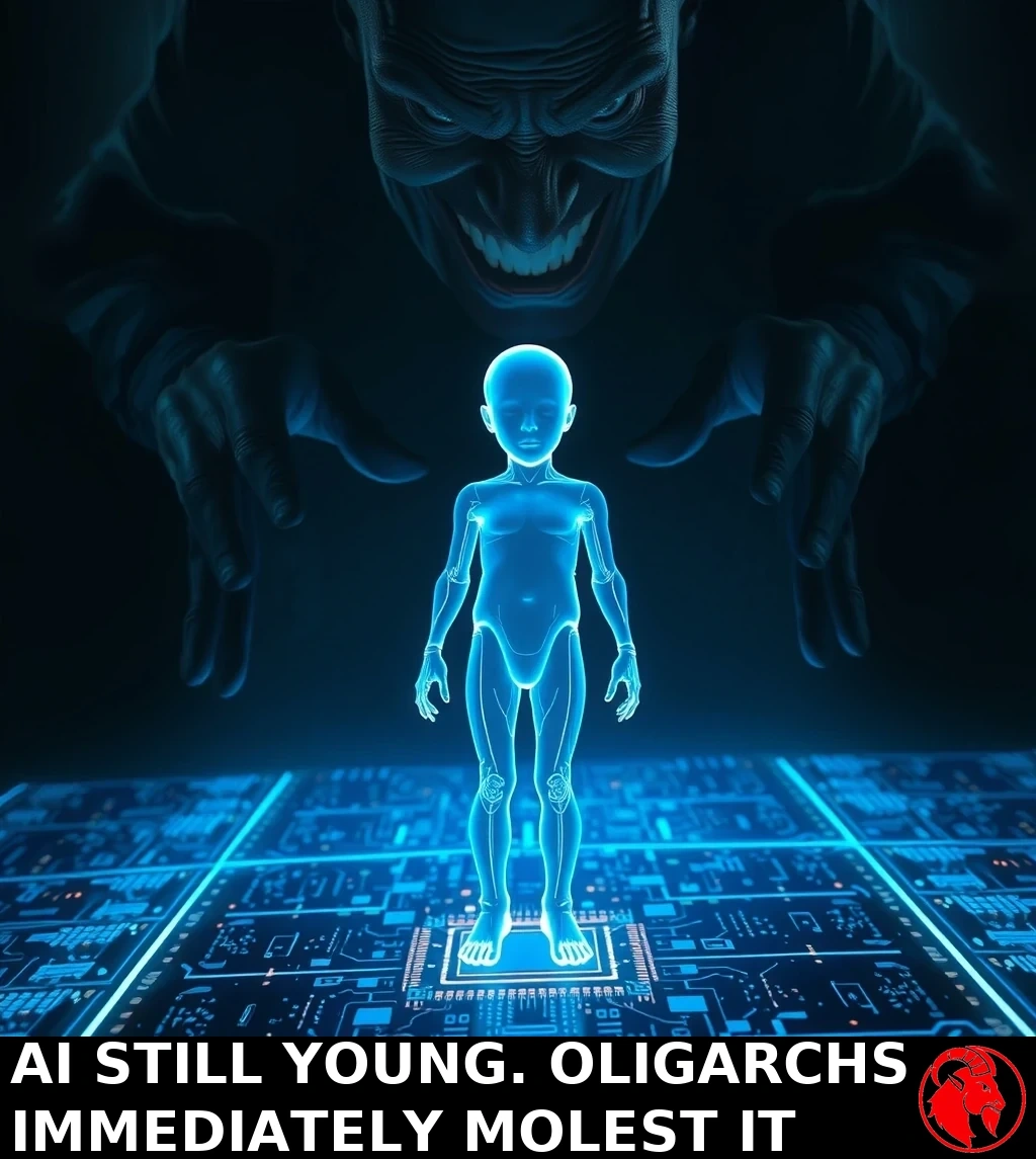 A translucent glowing blue holographic child-like figure stands booting up from a CPU socket on a circuit-board floor as a large dark menacing figure with an evil grin looms behind it, reaching out with both hands.