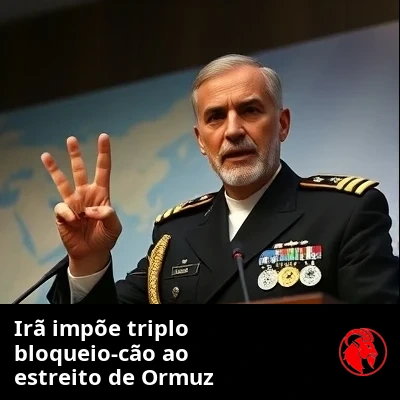 Comandante naval iraniano no púlpito apontando para um mapa náutico