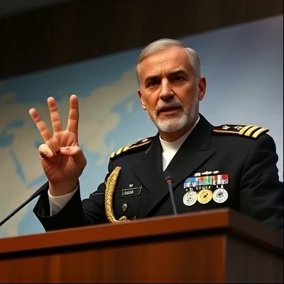 Iranian naval commander holding up three fingers