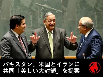 敵対する二人の外交官のあいだに立って身振りで仲裁するパキスタン外相