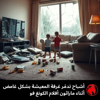 مشهد ما بعد الكارثة في غرفة معيشة مُدمَّرة: شاشة تلفاز مسطّحة متصدّعة، نافذة كبيرة محطّمة، أريكة ممزّقة يتدلّى حشوها، رقائق بطاطس متناثرة وعلب مشروبات غازية، وطفلان واقفان وسط الحطام. التعليق: أشباح تدمّر غرفة المعيشة بشكل غامض أثناء ماراثون أفلام الكونغ فو