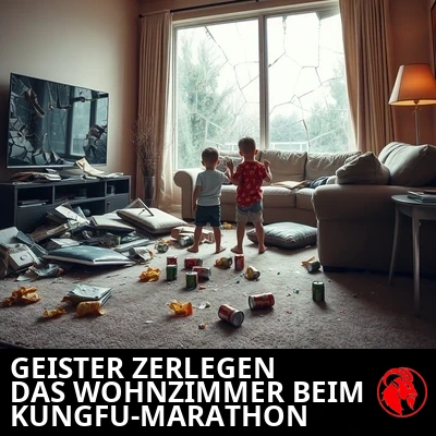 Die Folgen in einem zerstörten Wohnzimmer: ein gesprungener Flachbildfernseher, ein zersplittertes Panoramafenster, ein aufgerissenes Sofa mit heraushängender Füllung, verschüttete Chips und Limodosen, zwei Kinder stehen inmitten des Trümmerhaufens. Bildunterschrift: Geister zerstören auf mysteriöse Weise das Wohnzimmer während eines Kung-Fu-Filmmarathons