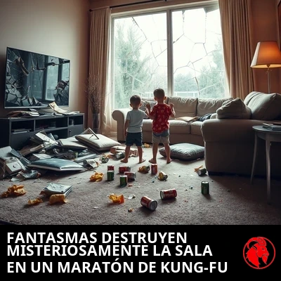 Las secuelas en un salón destrozado: televisor de pantalla plana agrietado, ventanal hecho añicos, sofá rajado con el relleno fuera, patatas y latas de refresco derramadas, dos niños de pie entre los escombros. Pie de foto: unos fantasmas destruyen misteriosamente el salón durante un maratón de cine de kung-fu