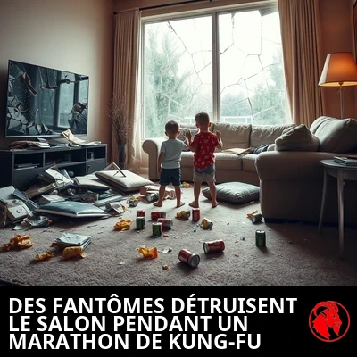 Un salon dévasté : téléviseur à écran plat fissuré, baie vitrée en éclats, canapé éventré avec le rembourrage qui dépasse, chips renversées et canettes de soda, deux enfants debout au milieu des décombres. Légende : des fantômes détruisent mystérieusement le salon pendant un marathon de films de kung-fu