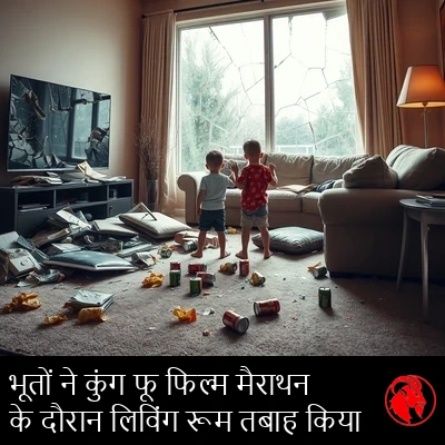 तबाह हुए ड्रॉइंग रूम का मंज़र: चटका हुआ फ़्लैटस्क्रीन टीवी, चकनाचूर खिड़की, फटा हुआ सोफ़ा जिसकी रुई बाहर निकली है, बिखरे हुए चिप्स और सोडा के डिब्बे, मलबे के बीच खड़े दो बच्चे। कैप्शन: कुंग-फ़ू फ़िल्म मैराथन के दौरान भूत रहस्यमय ढंग से ड्रॉइंग रूम तबाह कर देते हैं