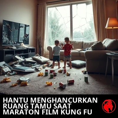 Sisa-sisa ruang tamu yang hancur: TV layar datar retak, jendela besar pecah berkeping, sofa robek dengan isiannya terburai, keripik dan kaleng soda tumpah, dua anak berdiri di tengah reruntuhan. Keterangan: hantu secara misterius menghancurkan ruang tamu selama maraton film kung fu