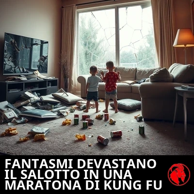 Le conseguenze in un soggiorno devastato: TV a schermo piatto incrinata, ampia vetrata in frantumi, divano squarciato con l'imbottitura che fuoriesce, patatine rovesciate e lattine di bibita, due bambini in piedi tra le macerie. Didascalia: fantasmi distruggono misteriosamente il soggiorno durante una maratona di film di kung fu
