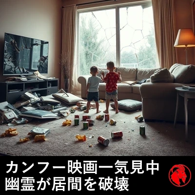破壊されたリビングの惨状：ひび割れた薄型テレビ、粉々になった大きな窓、詰め物がはみ出した裂けたソファ、こぼれたポテトチップスとソーダの缶、瓦礫の中に立つ二人の子ども。キャプション：カンフー映画マラソンの最中、幽霊が謎めいてリビングを破壊する