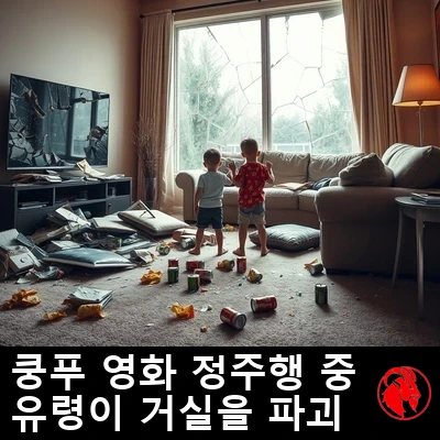 박살 난 거실의 참상: 금이 간 평면 TV, 산산조각 난 통창, 속이 터져 나온 찢긴 소파, 쏟아진 감자칩과 탄산음료 캔, 잔해 속에 서 있는 두 아이. 캡션: 쿵후 영화 마라톤 도중 유령이 알 수 없이 거실을 파괴하다