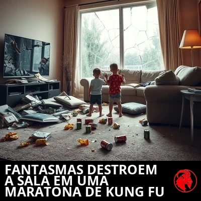 As consequências numa sala destruída: TV de tela plana rachada, janela panorâmica em estilhaços, sofá rasgado com o enchimento à mostra, salgadinhos e latas de refrigerante derramados, duas crianças de pé em meio aos destroços. Legenda: fantasmas destroem misteriosamente a sala durante uma maratona de filmes de kung-fu